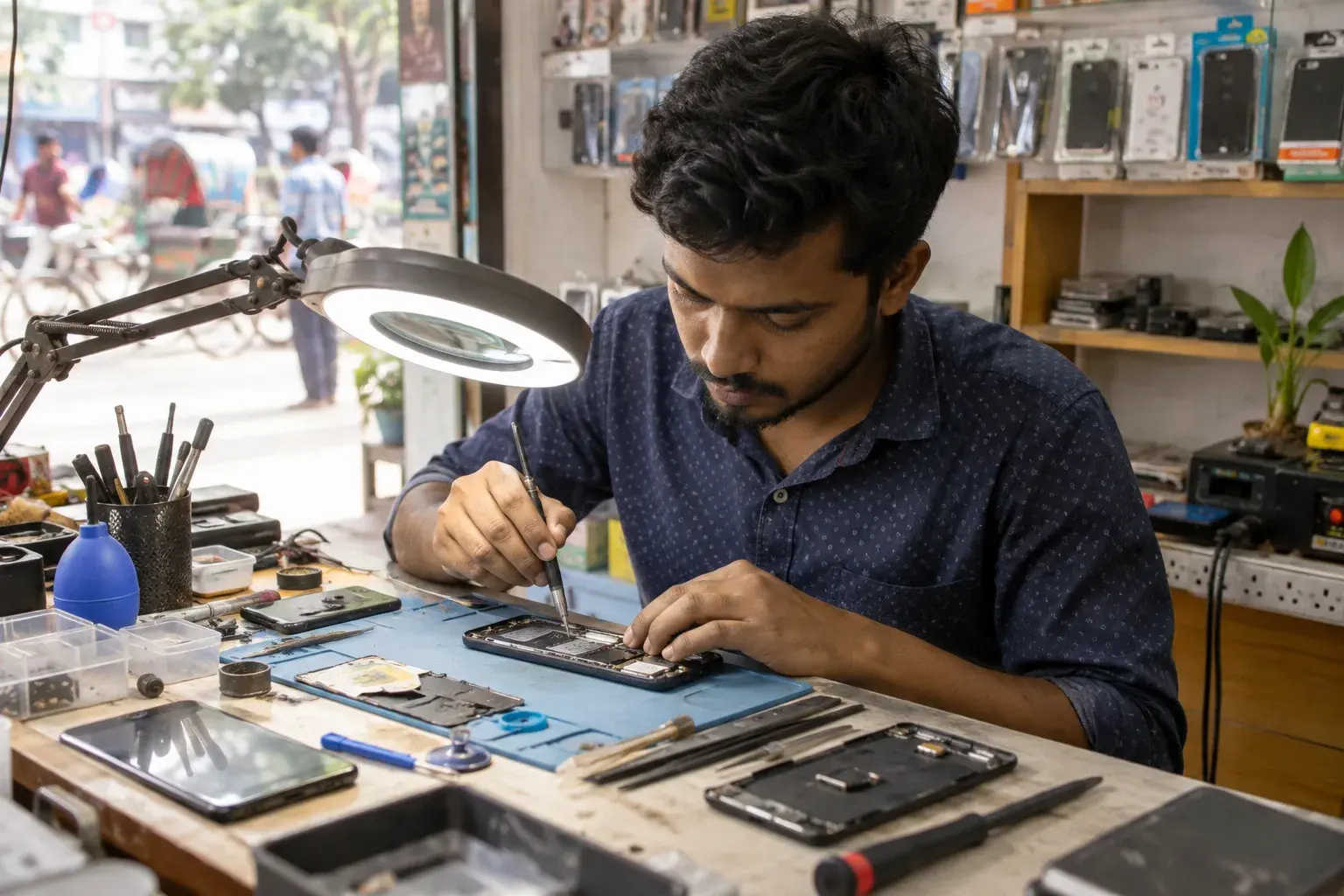 মোবাইল সার্ভিসিং — প্রতীকী ছবি, AI দিয়ে তৈরি; বাস্তব কোনো দোকান বা খামার নয়