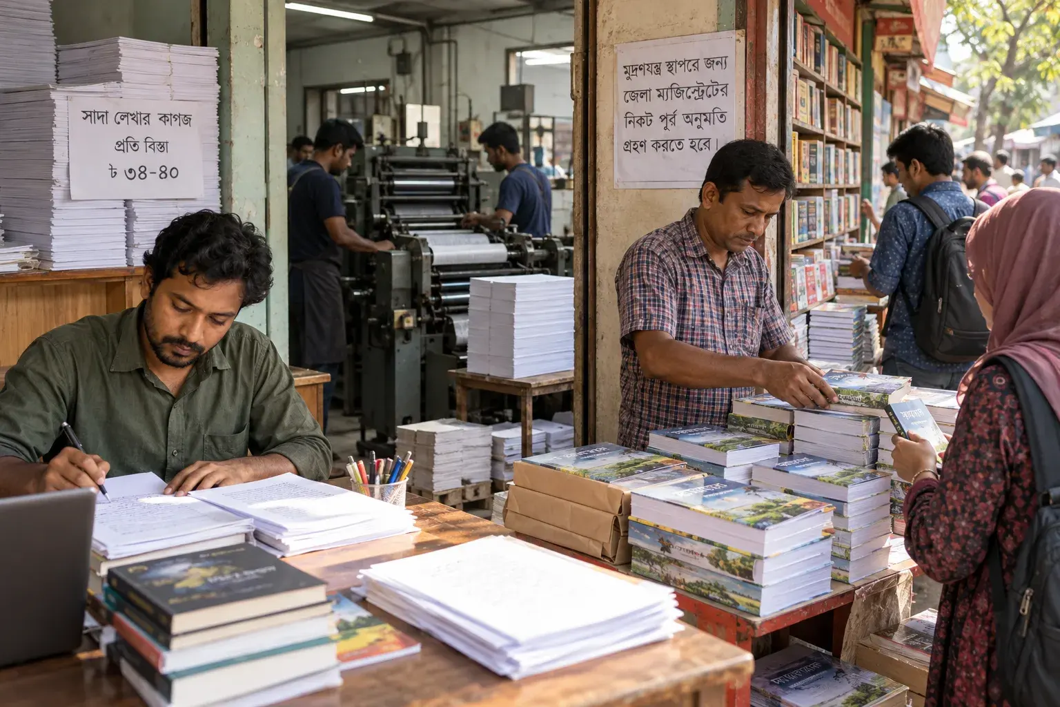বই প্রকাশনা ও প্রিন্টিং — প্রতীকী ছবি, AI দিয়ে তৈরি; বাস্তব কোনো দোকান বা খামার নয়