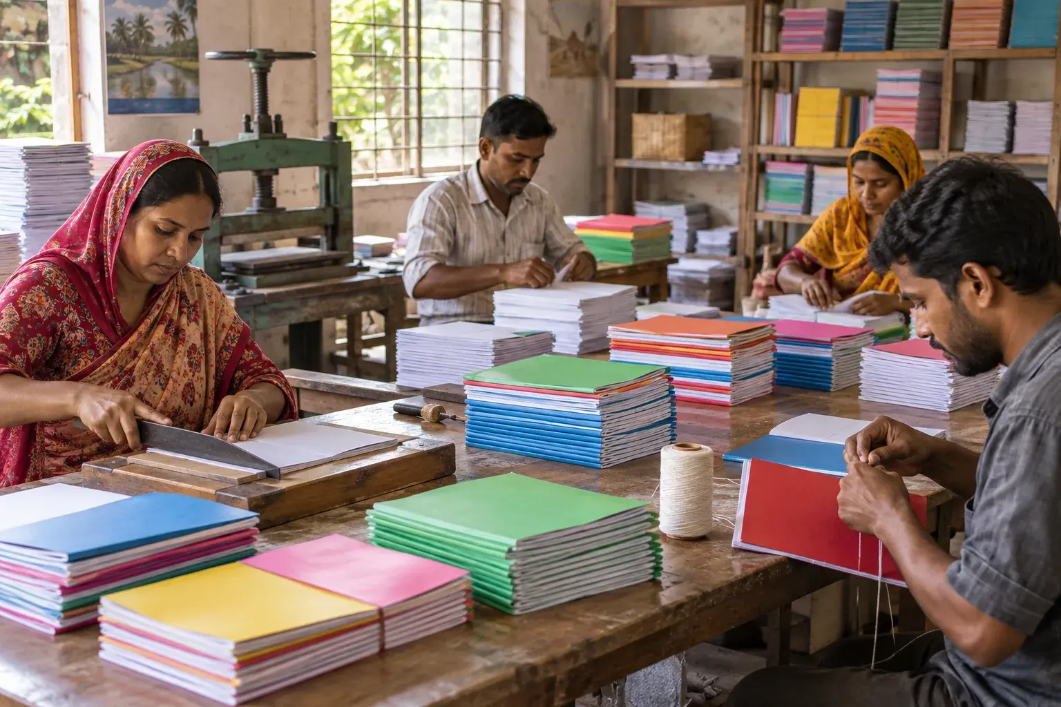 খাতা তৈরির কারখানা — প্রতীকী ছবি, AI দিয়ে তৈরি; বাস্তব কোনো দোকান বা খামার নয়